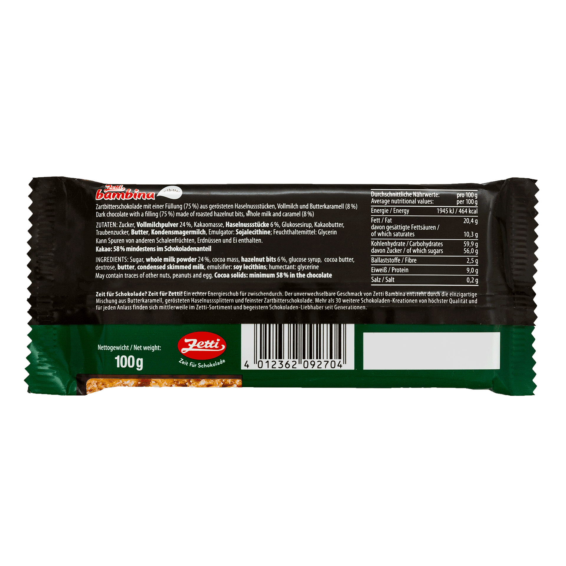 Zetti Bambina Zartbitter Rückseite der Bambina Tafel in Zartbitterschokolade