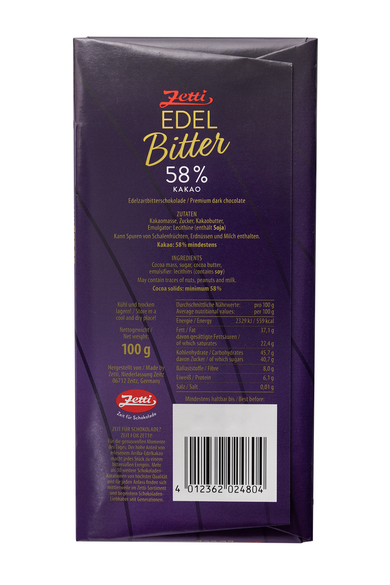 Zetti Edelbitter Tafel 58% Rücksweite der Zetti Edelbitter Tafel 58%