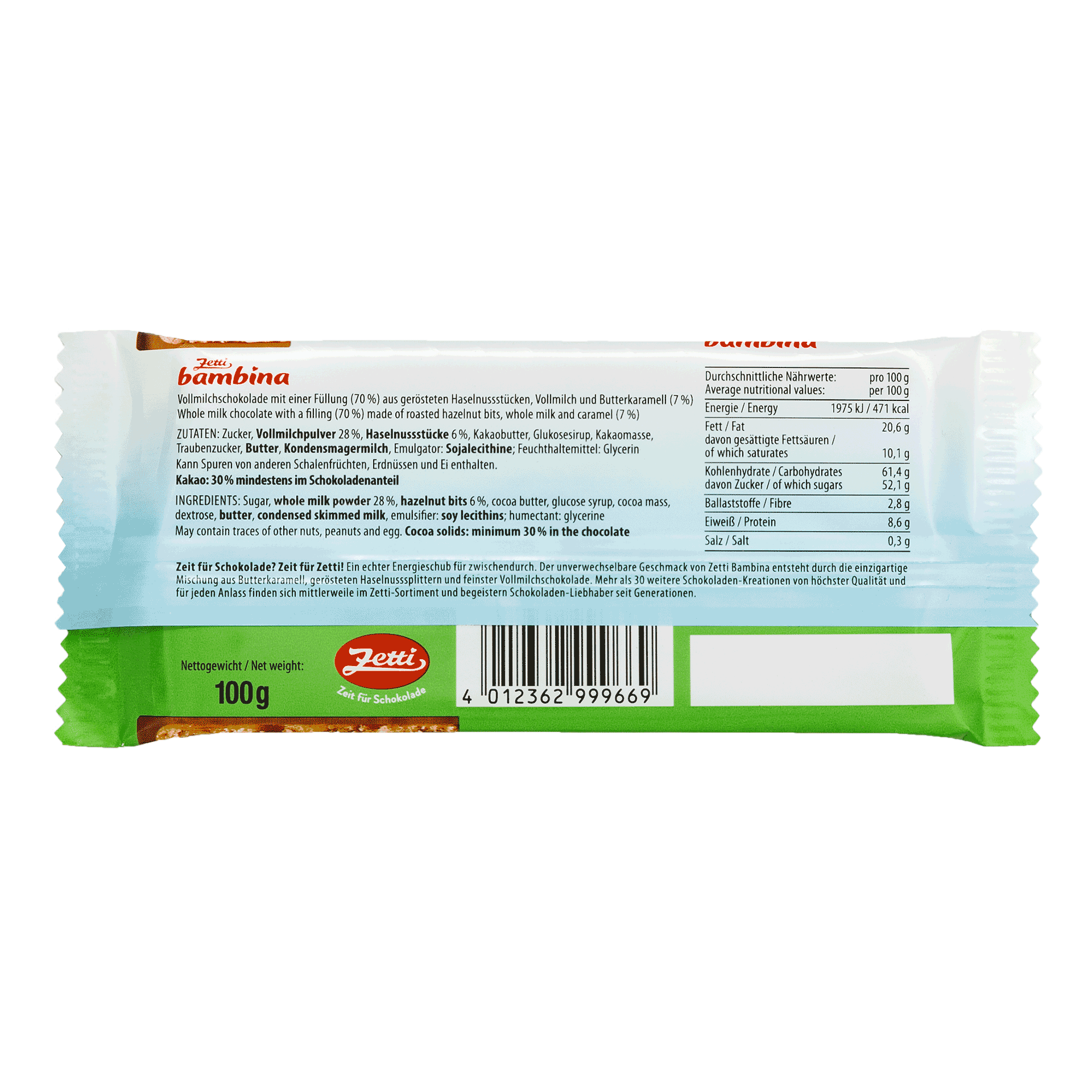 Rückseite des Zetti Bambinas Riegel in Vollmilch
