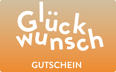 Eine Gutscheinkarte mit dem Schriftzug 'Glückwunsch' in verspieltem, weißen Text auf einem orangefarbenen Hintergrund mit Farbverlauf. Darunter steht in Großbuchstaben 'gutschein'.