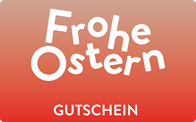 Eine Gutscheinkarte mit dem Schriftzug 'Frohe Ostern' in verspieltem, weißen Text auf einem roten Hintergrund mit Farbverlauf. Darunter steht in Großbuchstaben 'gutschein'.