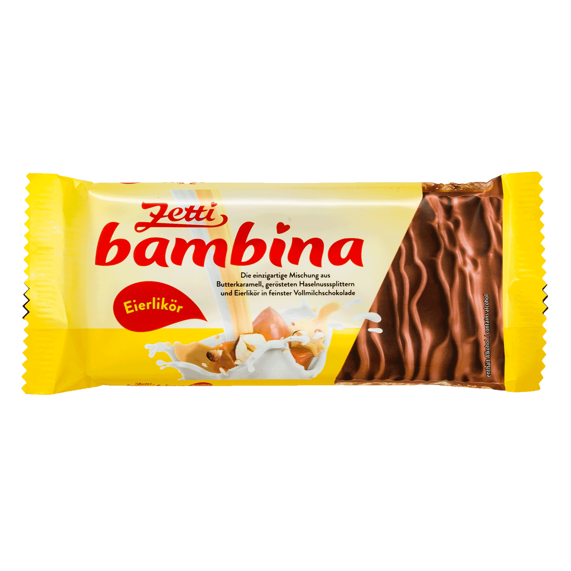 Die Verpackung von Zetti Bambina zeigt den Schriftzug 'Zetti Bambina' in roten Buchstaben auf einem gelben Hintergrund. Abgebildet sind Schokoladenriegel mit Waffeln und einer Füllung. Die Verpackung weist auf die Sorte 'Erdnuss' hin.