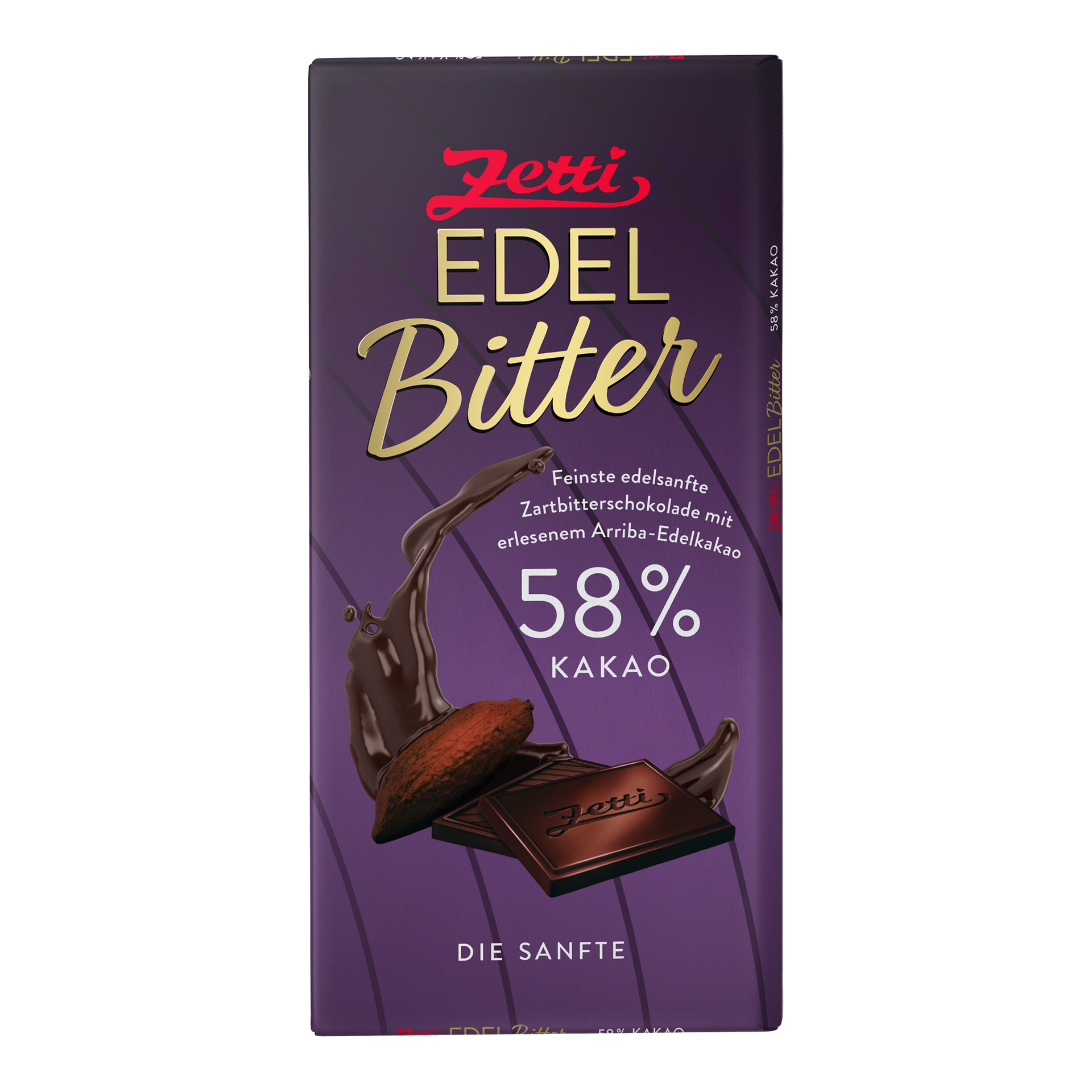 Die Verpackung von Zetti Edel Bitter zeigt den Schriftzug 'Zetti Edel Bitter' in goldener Schrift auf einem lila Hintergrund. Auf der Verpackung sind Schokoladenstücke abgebildet, und der Kakaoanteil von 58% wird hervorgehoben.