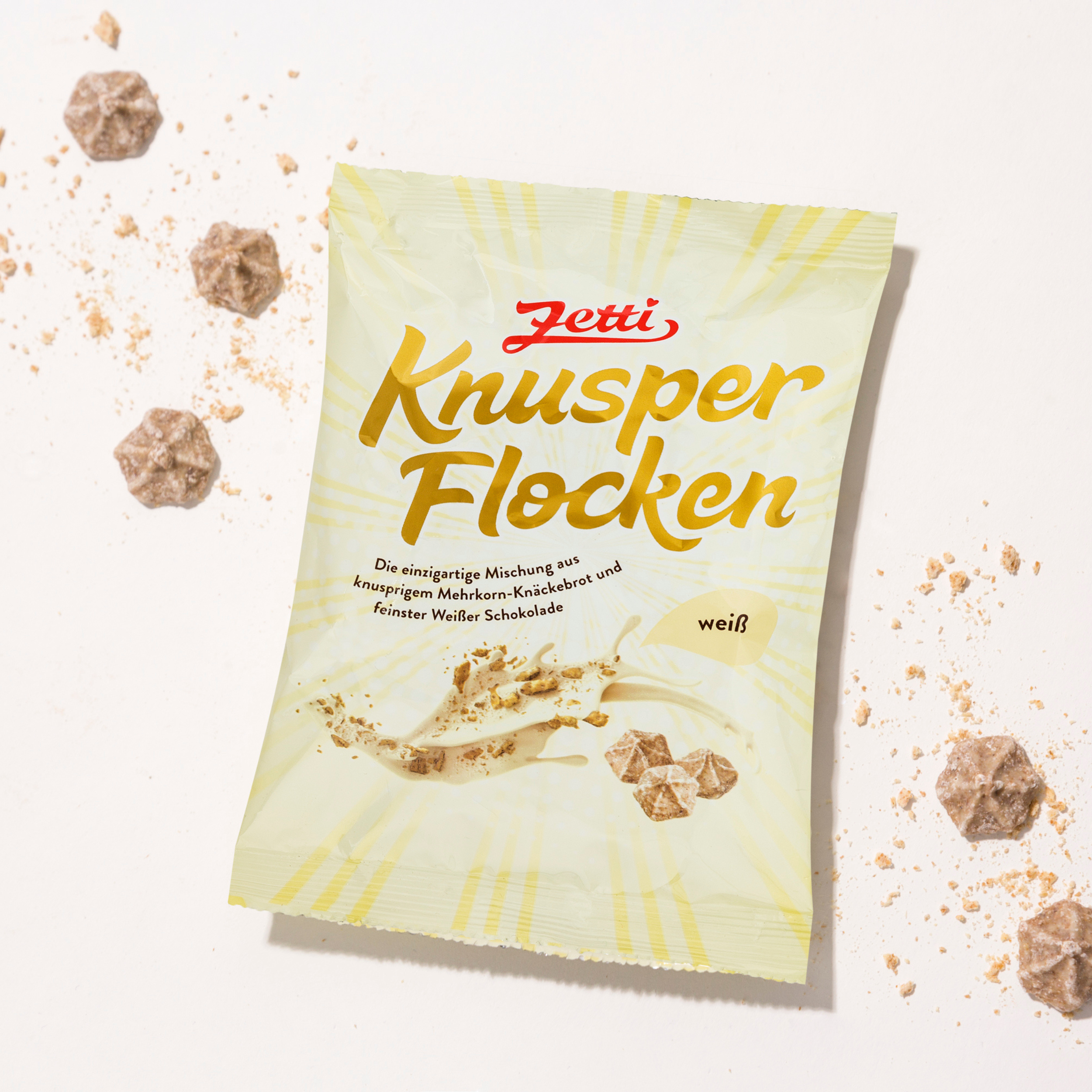 Zetti Knusperflocken Weiß Vorderseite einer Packung Zetti Knusperflocken weiß eingebettet in Zetti Knusperflocken weiß