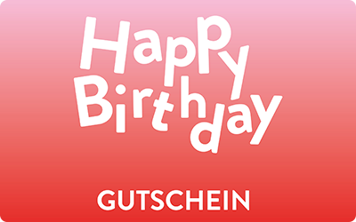Eine Gutscheinkarte mit dem Schriftzug 'Happy Birthday' in verspieltem, weißen Text. Der Hintergrund hat einen Farbverlauf von Rosa zu Rot. Unter dem Text steht in Großbuchstaben 'gutschein'.