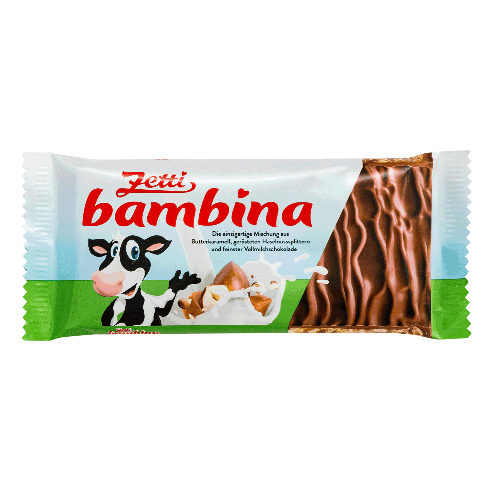 Zetti Bambina Tafel in Vollmilchschokolade. Verpackung zeigt eine Kuh, Nüsse und Milch.