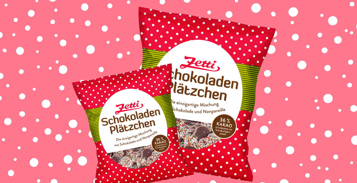 Werbebanner mit zwei Beuteln Zetti Schokoplätzchen