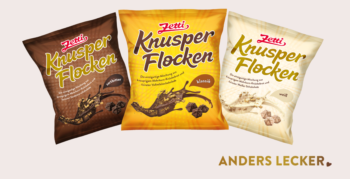 Werbebanner mit allen drei Sorten Zetti Knusperflocken in Klassik, Zartbitter und weiß
