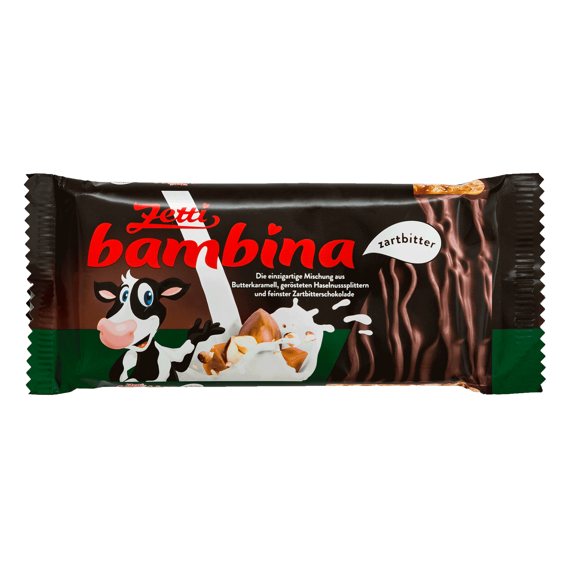 Zetti Bambina Tafel in Zartbitterschokolade. Verpackung zeigt eine Kuh, Nüsse und Milch.