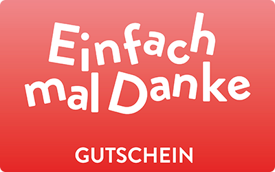 Eine Gutscheinkarte mit dem Schriftzug 'Einfach mal Danke' in verspieltem, weißen Text auf einem roten Hintergrund mit Farbverlauf. Darunter steht in Großbuchstaben 'gutschein'.