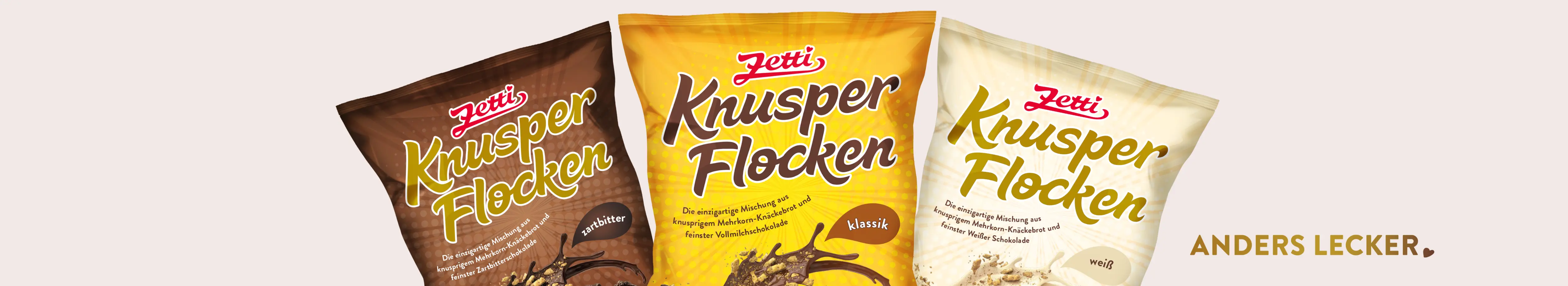 Werbebanner mit allen drei Sorten Zetti Knusperflocken in Klassik, Zartbitter und weiß